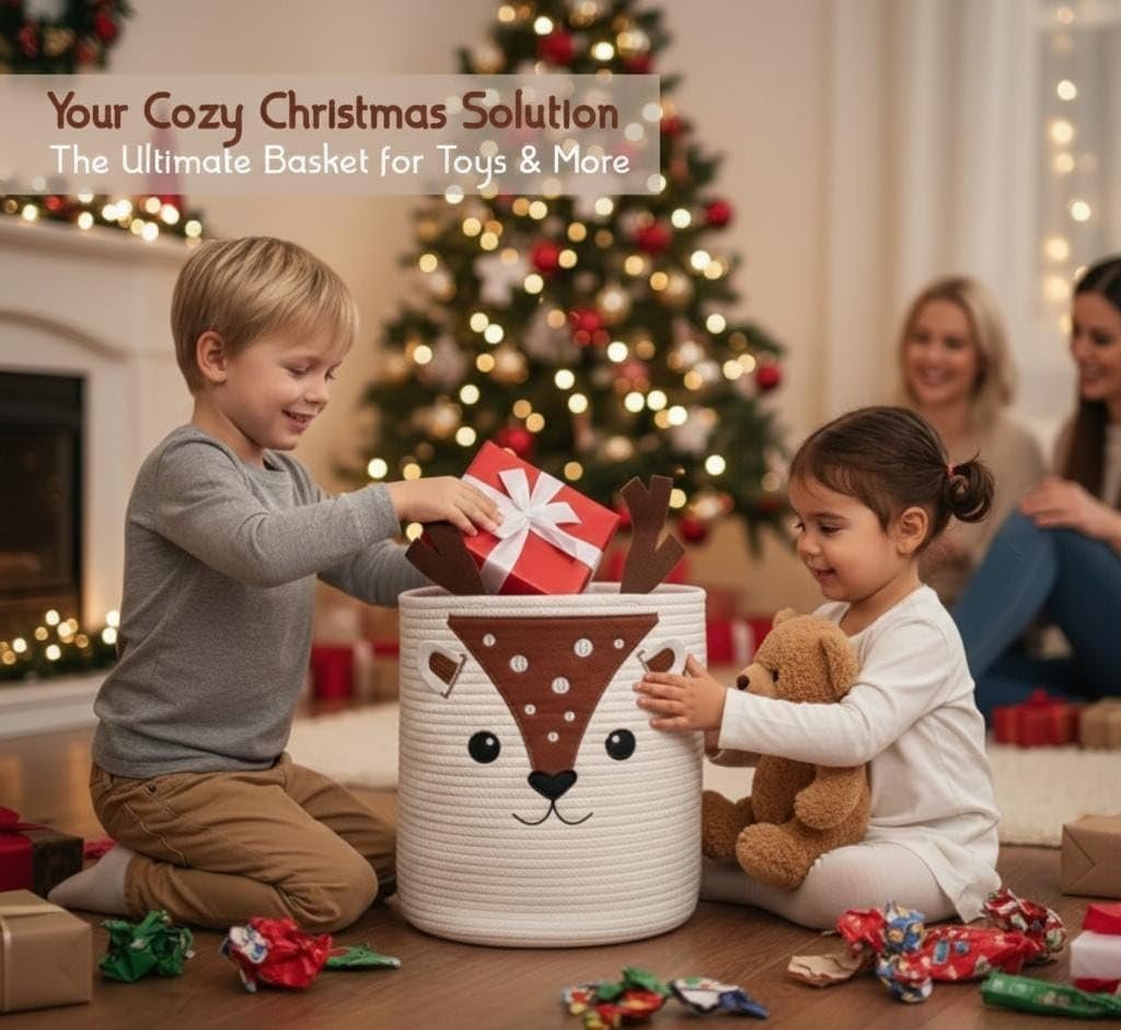 Deer storage basket with cute deer face design for toy and laundry storage