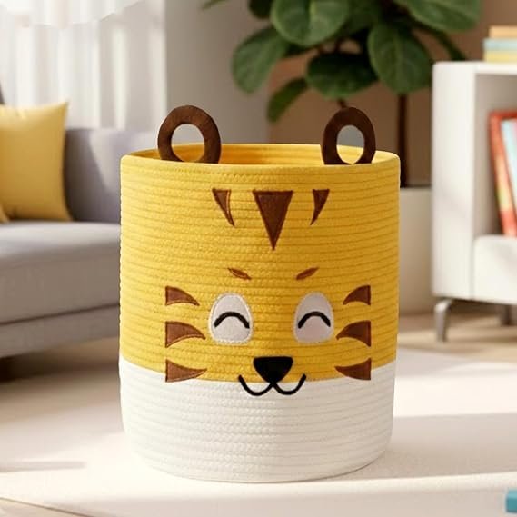 Tiger storage basket with cute tiger face design for toy, laundry, and home organization