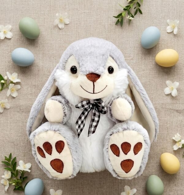 Grey Easter bunny plush toy with soft fluffy fabric and long ears – cute rabbit stuffed animal for kids and Easter gifts